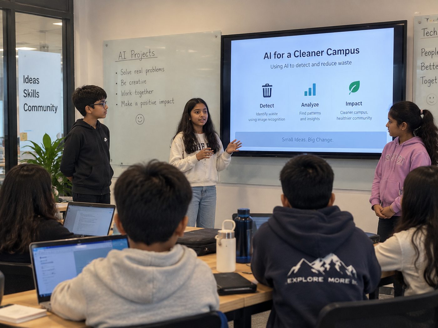 A student presenting her AI project on Showcase Day