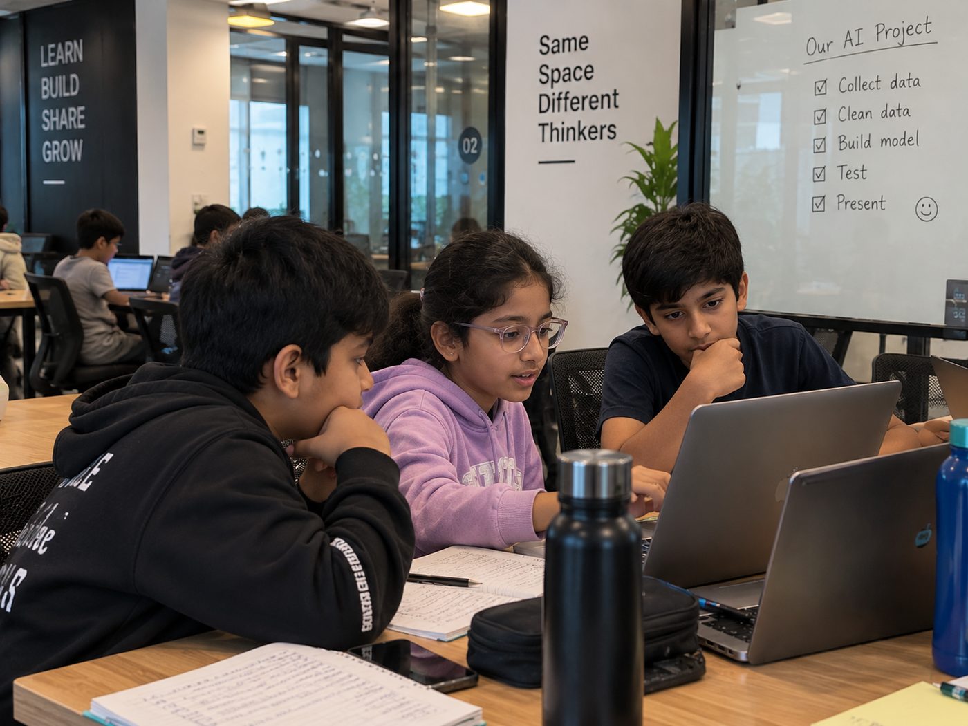 Students collaborating on an AI project together