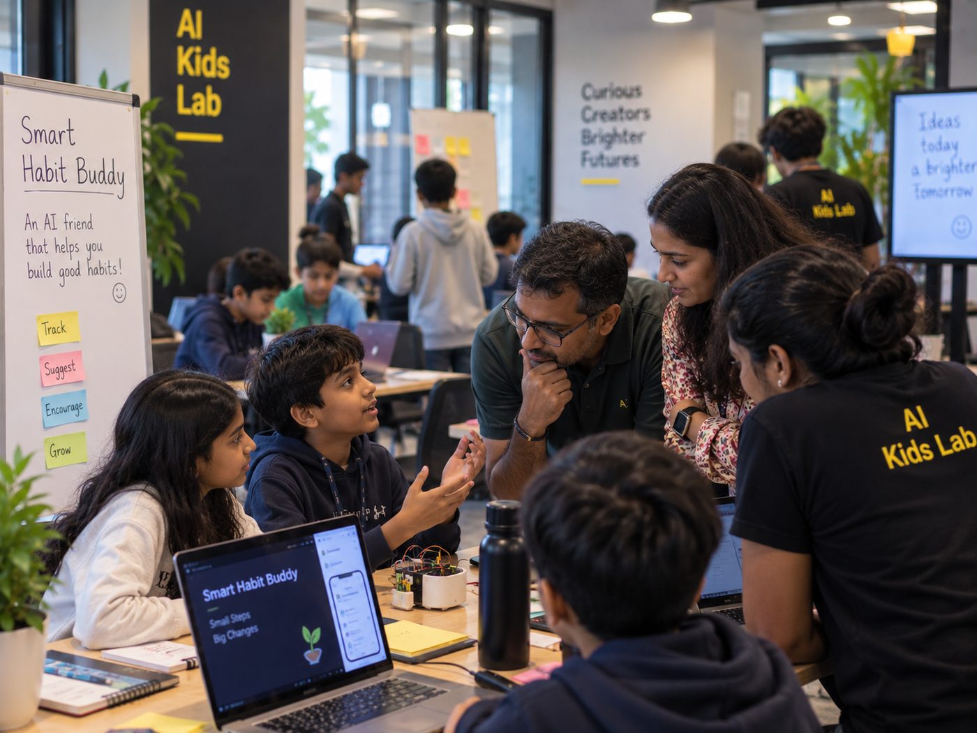 Students and a mentor discussing their AI project