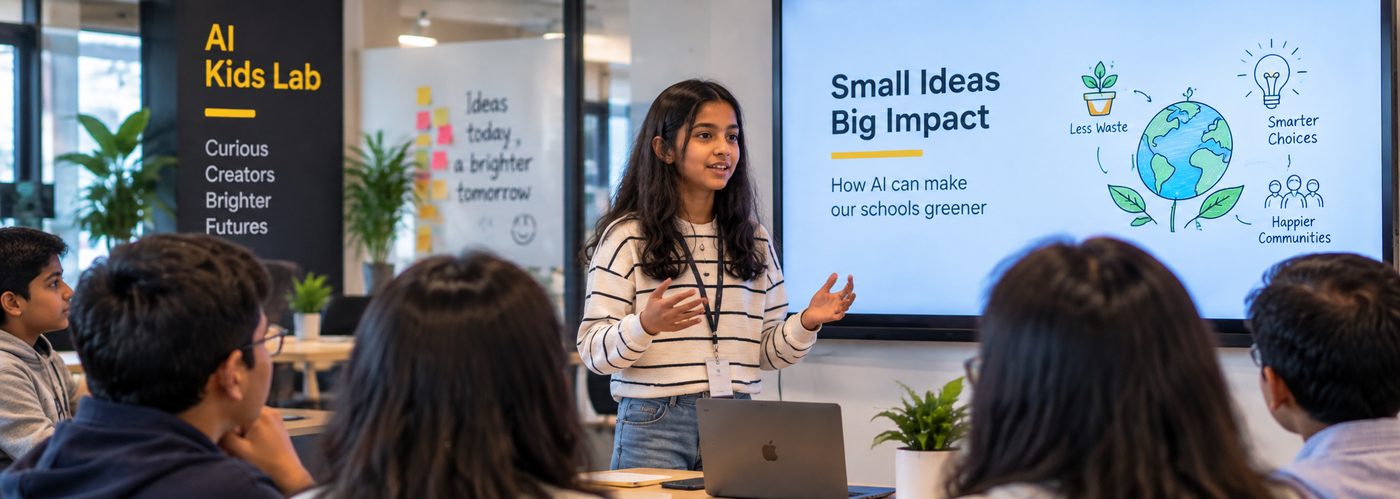 A student presenting her AI project for a cleaner, greener school